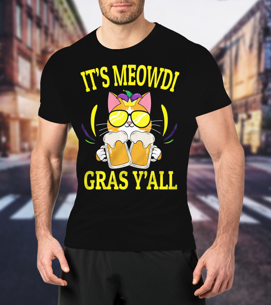 It's Meowdi Gras Y'all Cat With Beers And Sunglasses T-Shirt