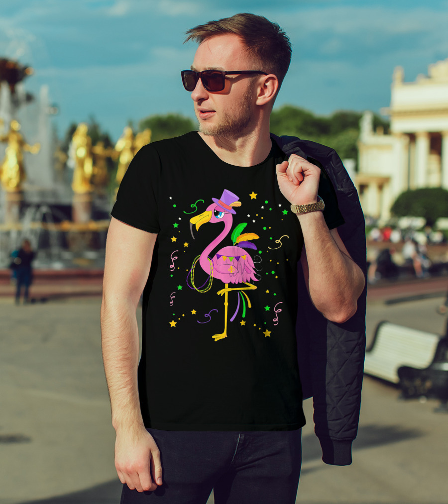 Mardi Gras Flamingo Carnival Festive Celebration With Colorful Beads And Stars T-Shirt
