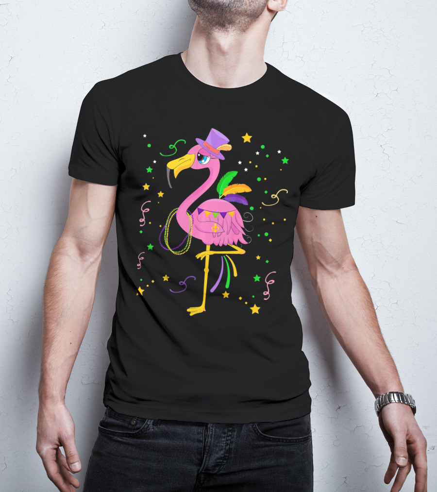 Mardi Gras Flamingo Carnival Festive Celebration With Colorful Beads And Stars T-Shirt