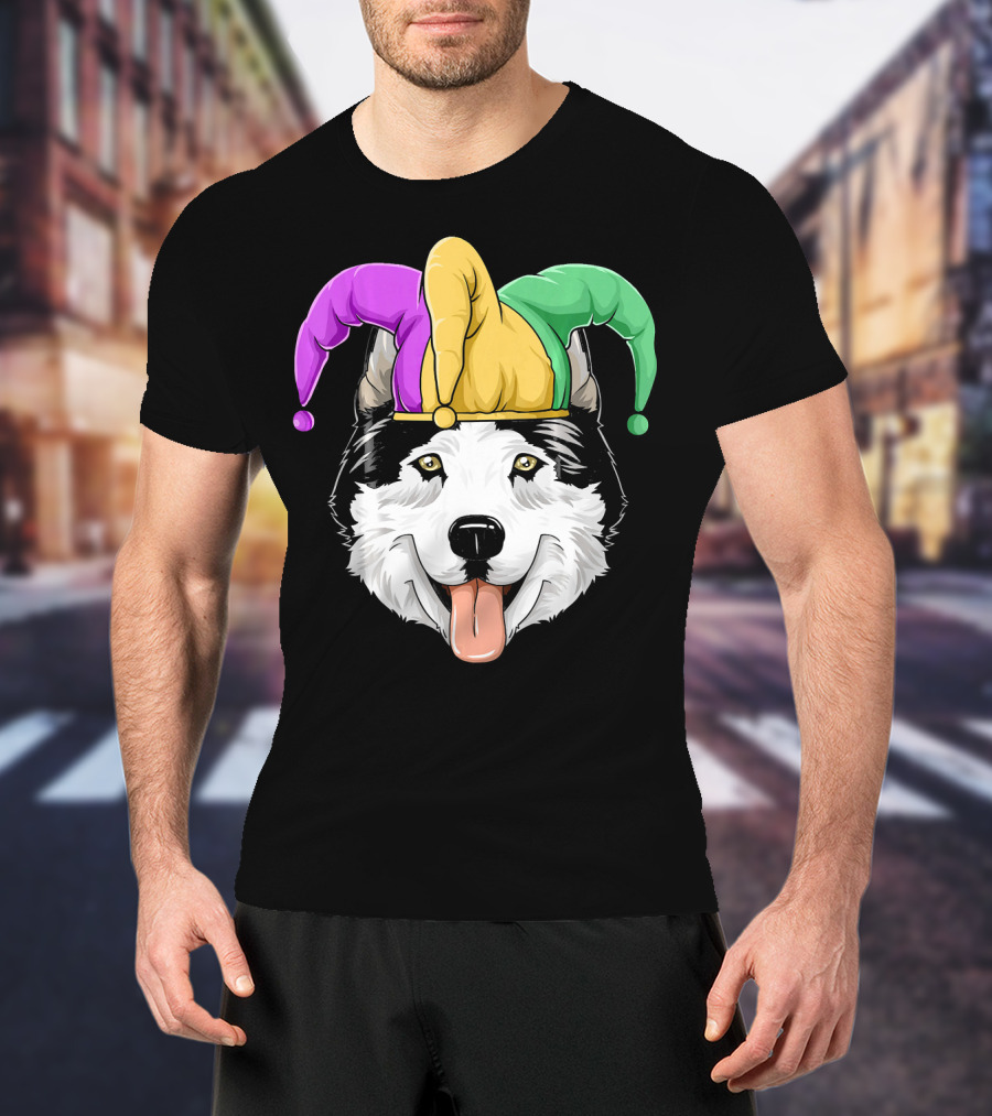 Mardi Gras Husky With Carnival Jester Hat T-Shirt