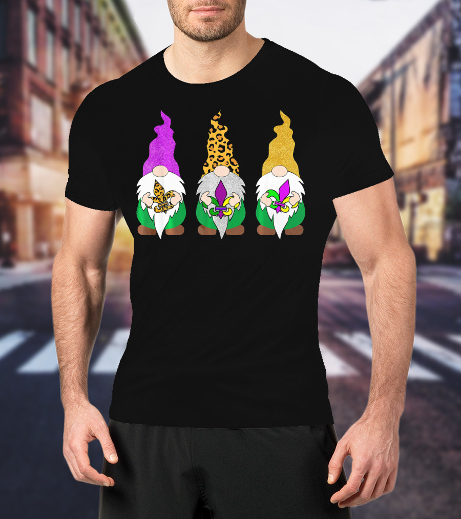 Mardi Gras Festival Colors Glitter Leopard Pattern Gnomes With Fleur-de-Lis T-Shirt