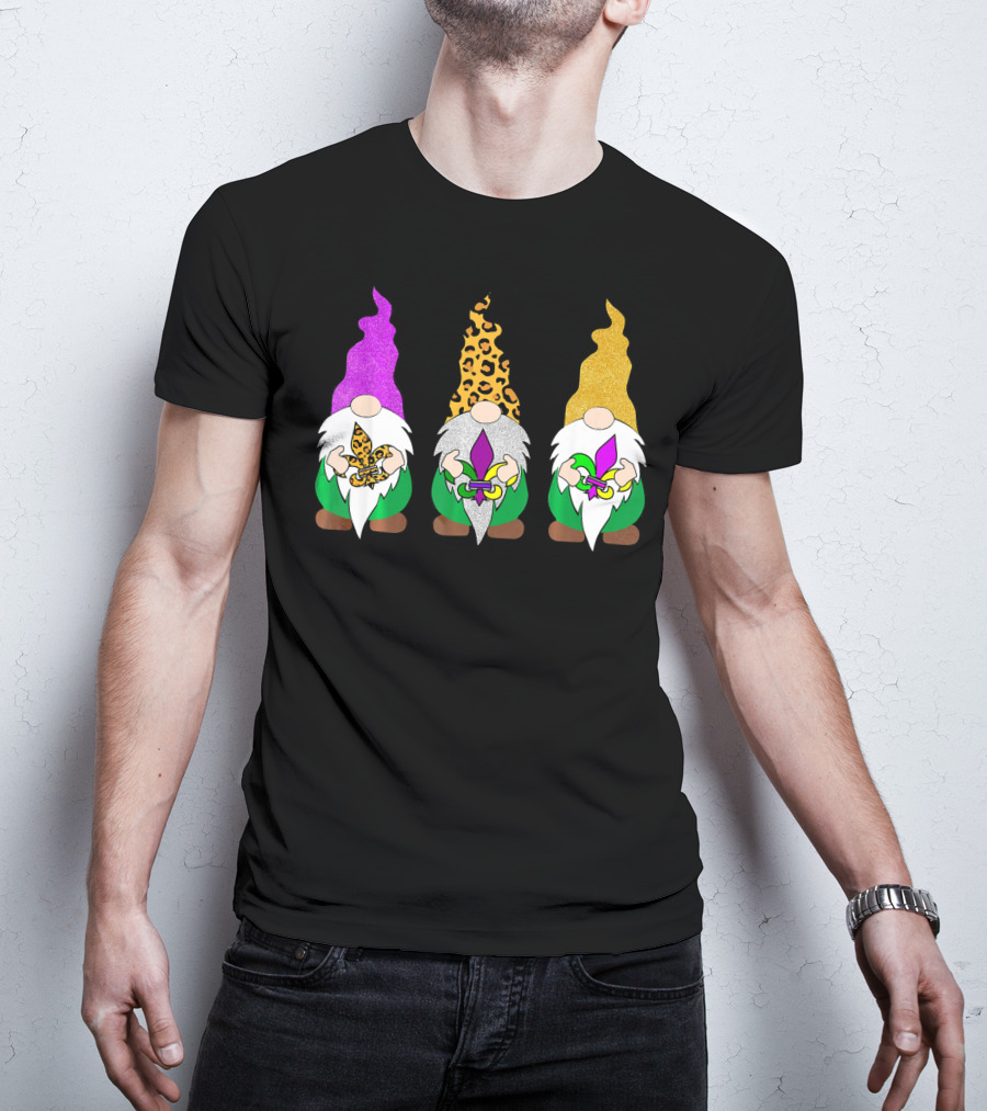 Mardi Gras Festival Colors Glitter Leopard Pattern Gnomes With Fleur-de-Lis T-Shirt
