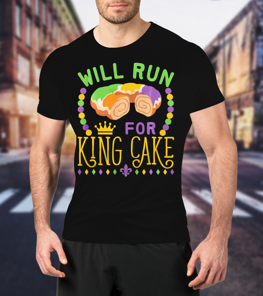 Will Run For King Cake Mardi Gras Festival Beads And Pastry Fleur-de-lis Colors T-Shirt