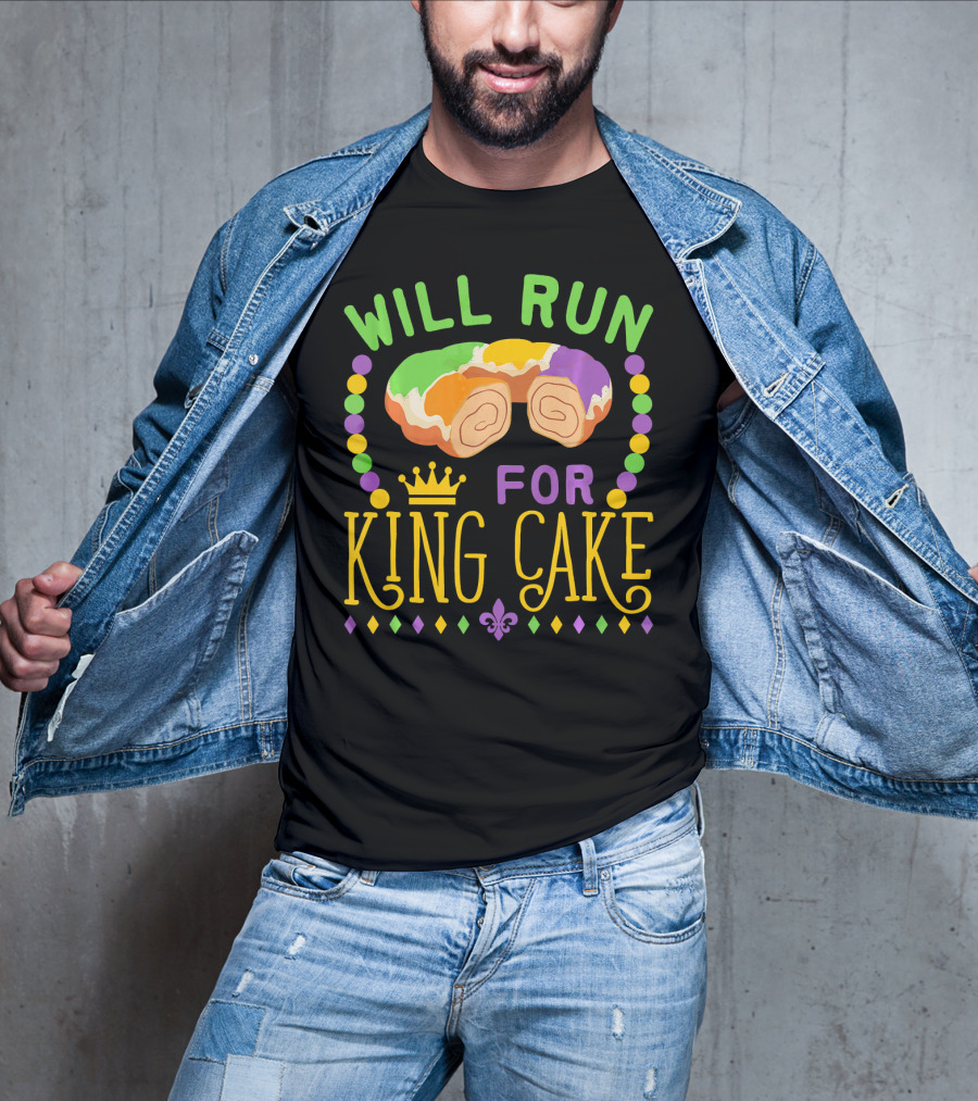 Will Run For King Cake Mardi Gras Festival Beads And Pastry Fleur-de-lis Colors T-Shirt