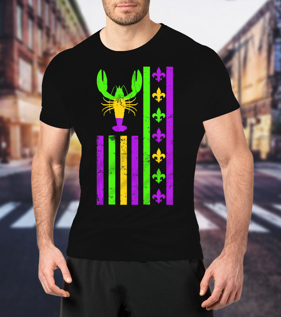 American Flag Mardi Gras Crawfish Fleur-de-Lis Stripes T-Shirt