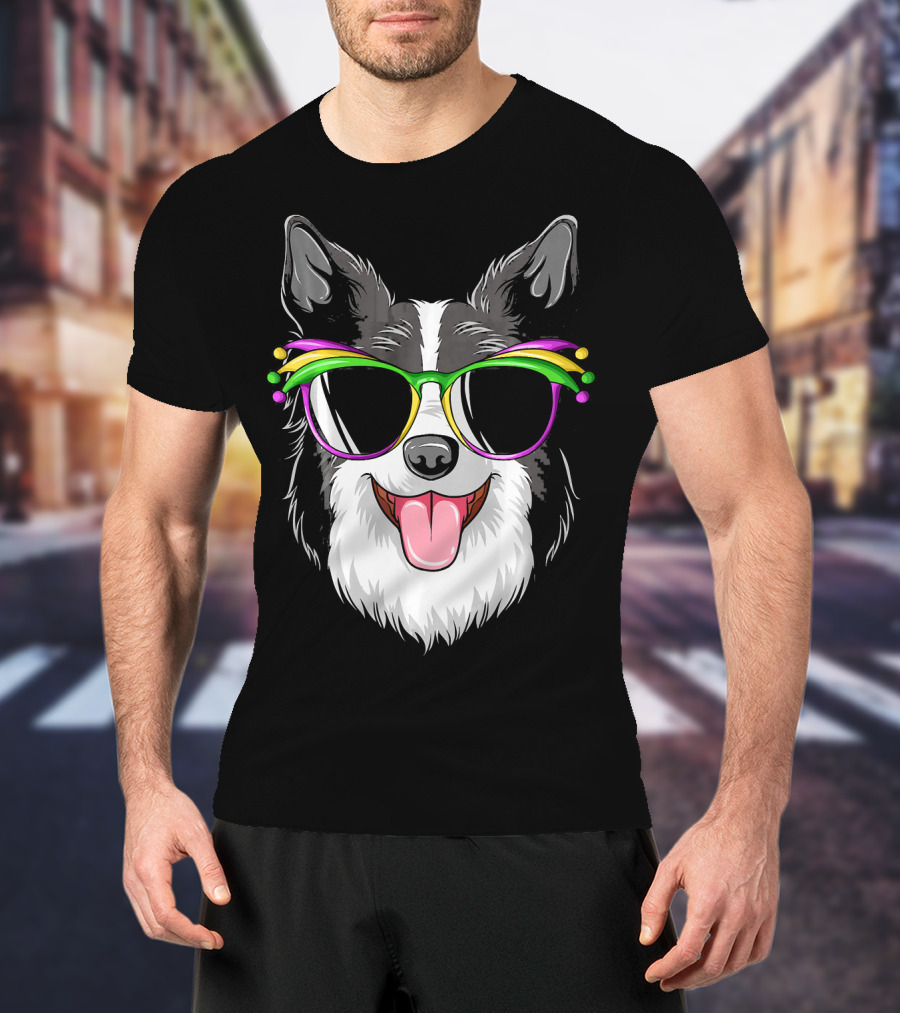 Collie Wearing Mardi Gras Carnival Mask With Colorful Glasses T-Shirt