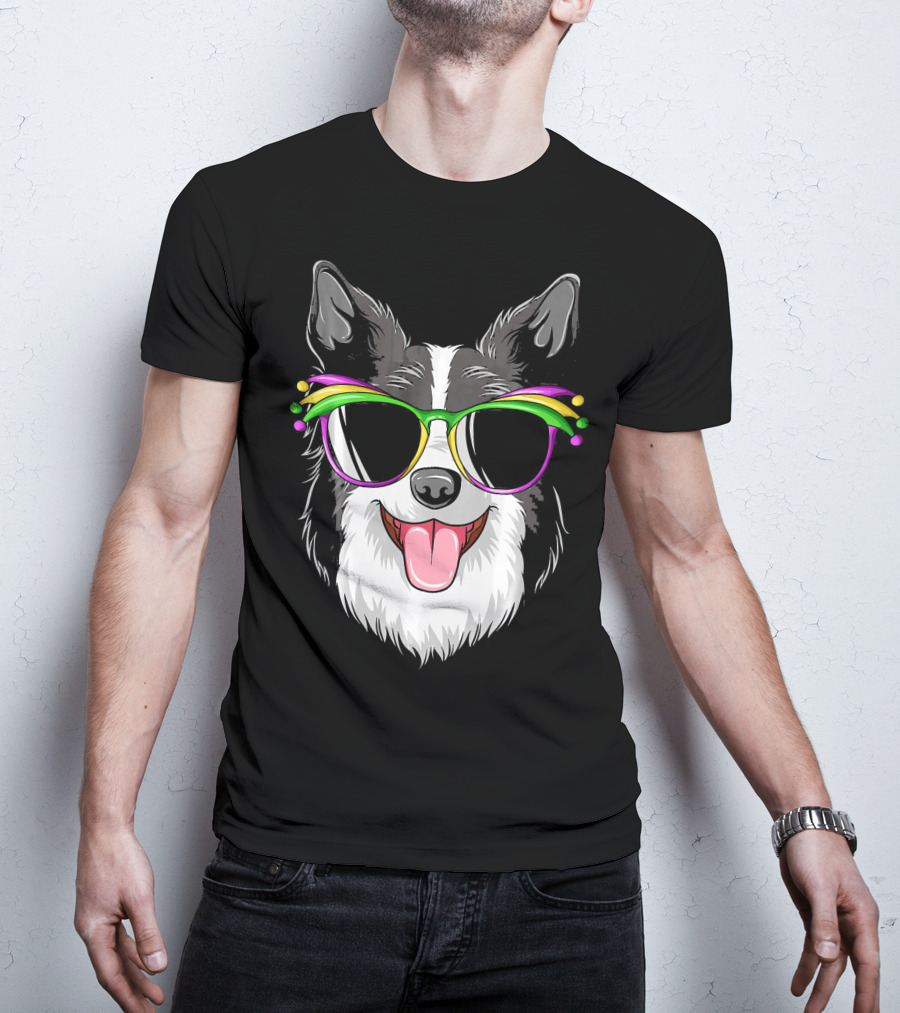 Collie Wearing Mardi Gras Carnival Mask With Colorful Glasses T-Shirt