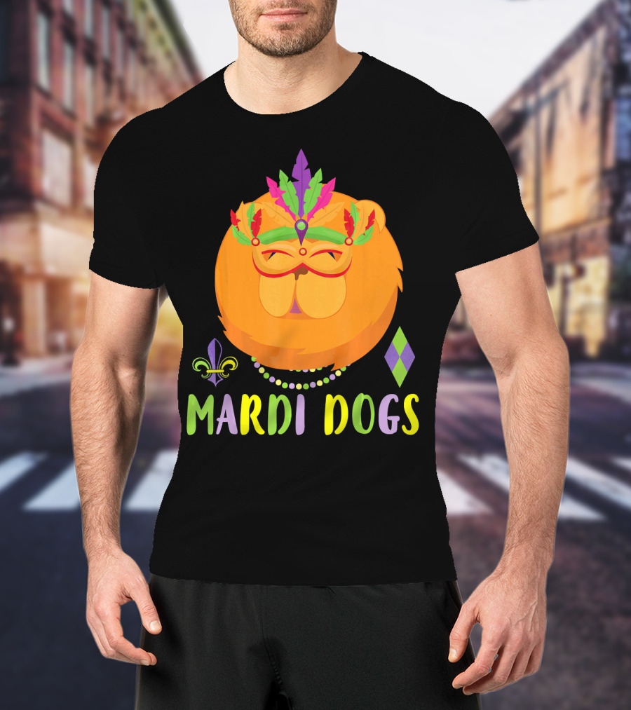 Mardi Dogs Chow Chow Costume With Beads And Mardi Gras Mask T-Shirt