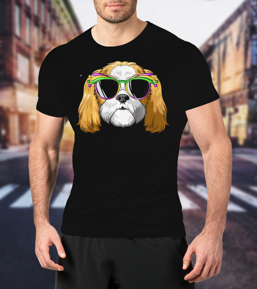 Shih Tzu Wearing Colorful Mardi Gras Carnival Mask Glasses T-Shirt