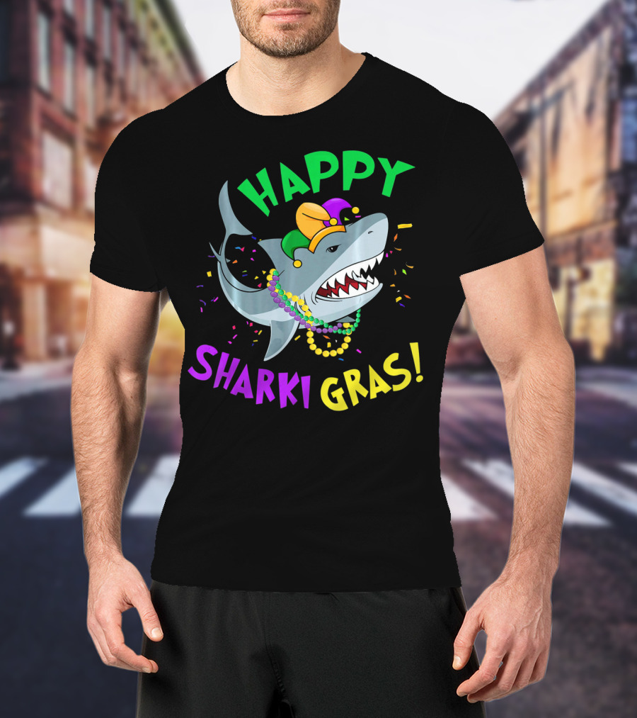 Happy Sharki Gras Mardi Gras Shark With Beads And Jester Hat T-Shirt