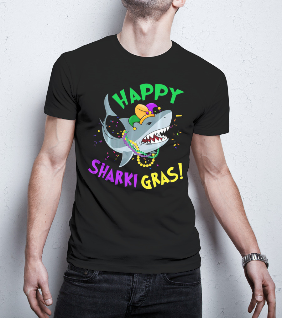 Happy Sharki Gras Mardi Gras Shark With Beads And Jester Hat T-Shirt