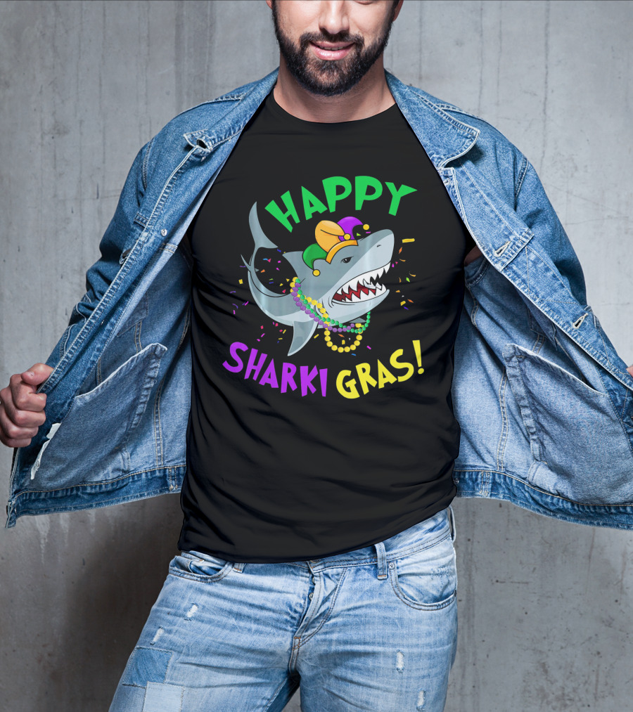 Happy Sharki Gras Mardi Gras Shark With Beads And Jester Hat T-Shirt