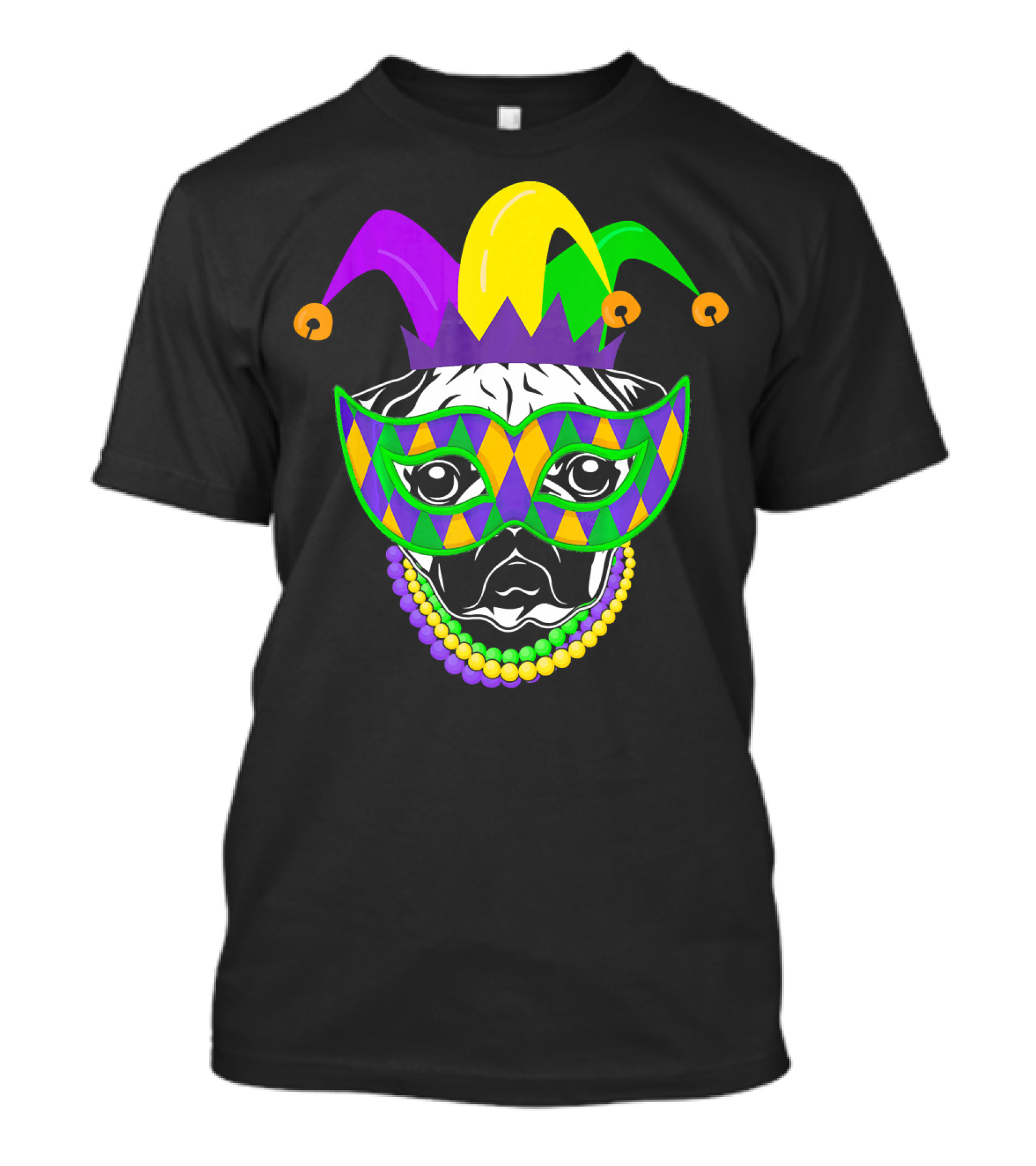 Mardi Gras Jester Pug Mask Beads Dogs Lovers T-Shirt