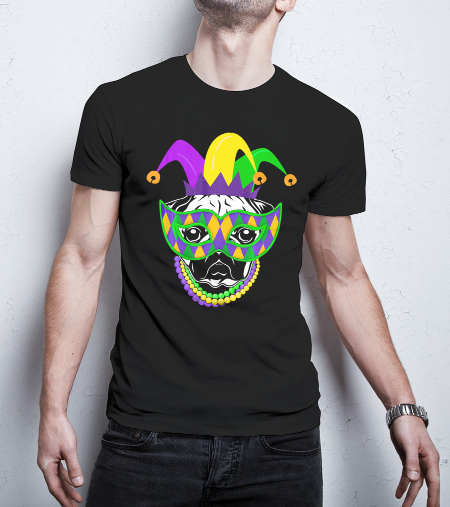 Mardi Gras Jester Pug Mask Beads Dogs Lovers T-Shirt