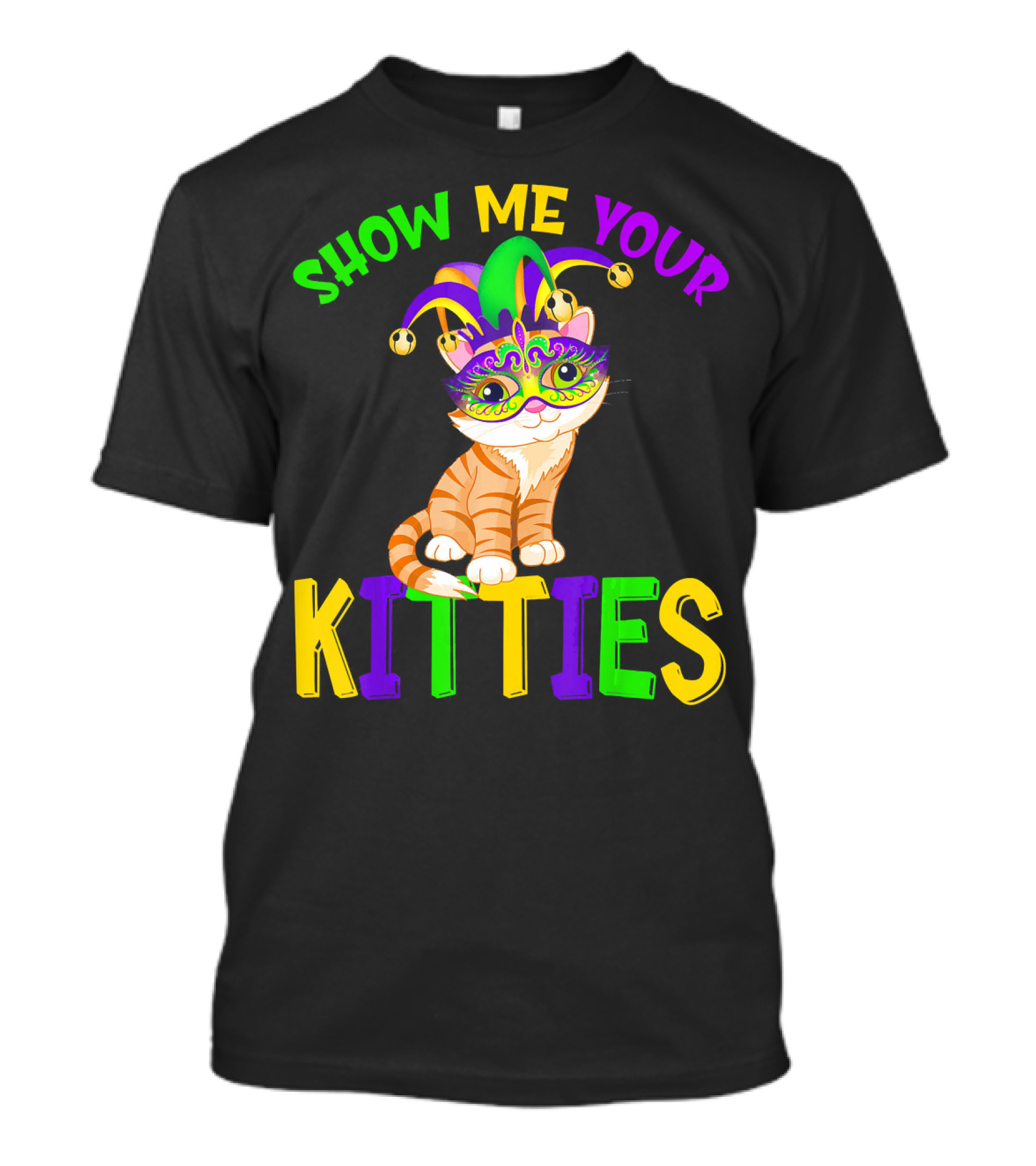 Show Me Your Kitties Cat Lover Jester Mask With Colorful Juggling Hat And Orange Tabby T-Shirt