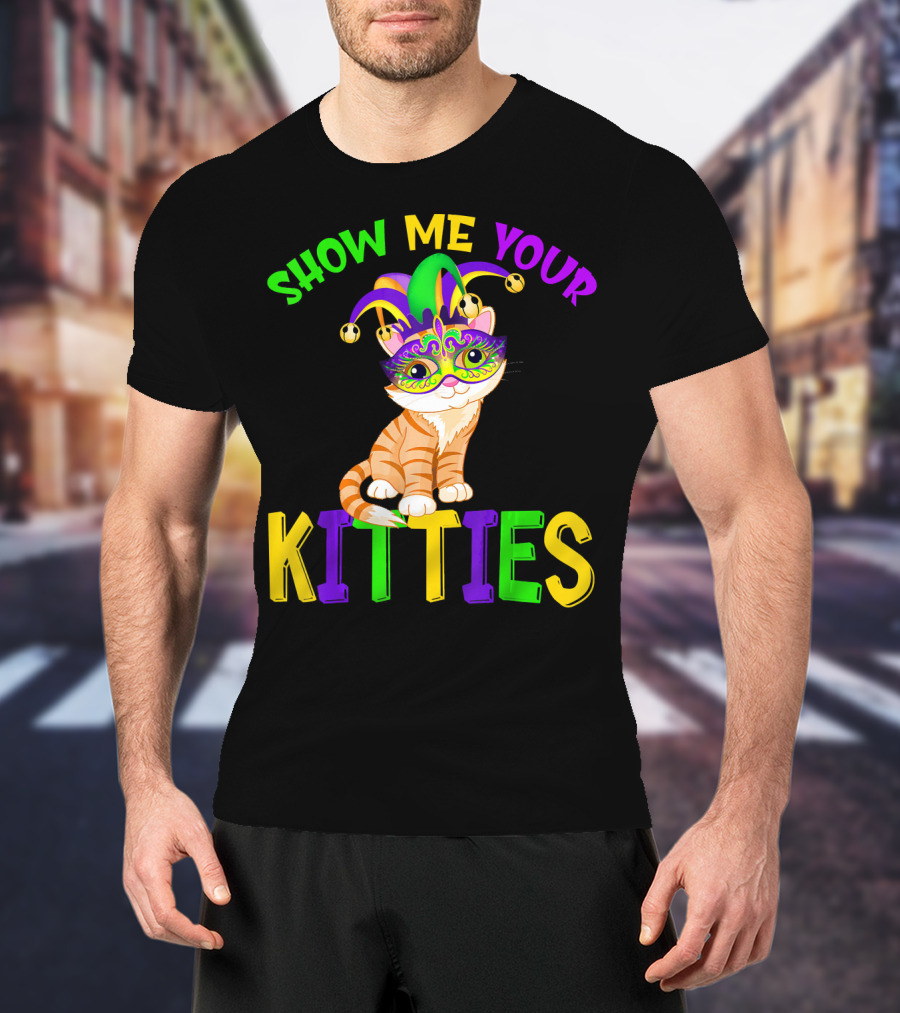 Show Me Your Kitties Cat Lover Jester Mask With Colorful Juggling Hat And Orange Tabby T-Shirt