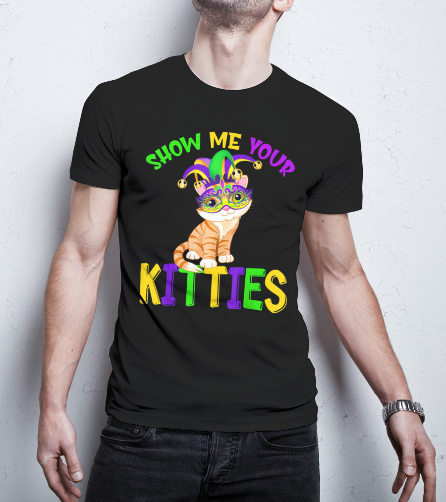 Show Me Your Kitties Cat Lover Jester Mask With Colorful Juggling Hat And Orange Tabby T-Shirt
