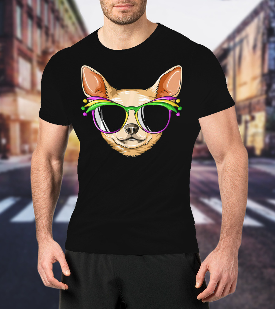 Chihuahua Mardi Gras Carnival Mask Sunglasses T-Shirt