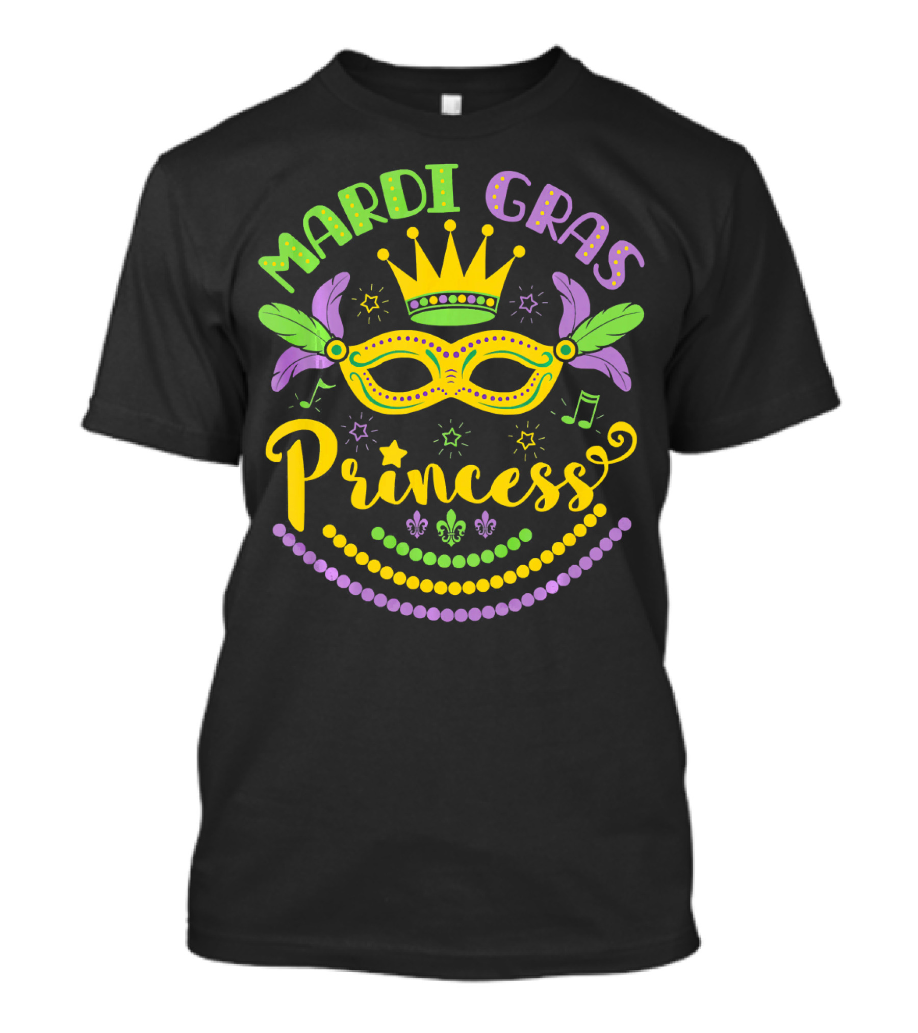 Mardi Gras Princess Crown Mask Beads Fleur-de-Lis Feathers Carnival T-Shirt