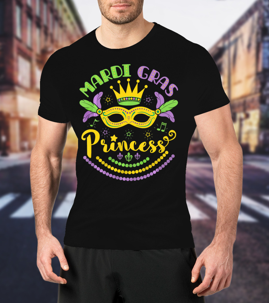 Mardi Gras Princess Crown Mask Beads Fleur-de-Lis Feathers Carnival T-Shirt