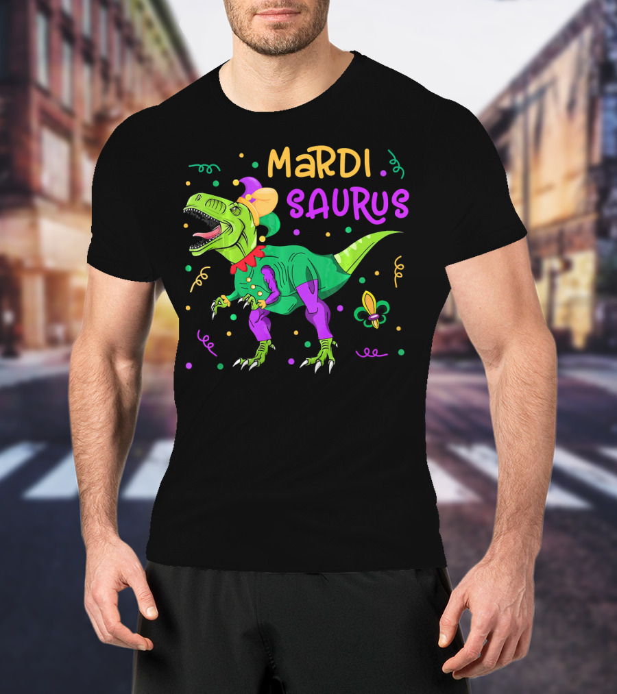 Mardisaurus Rex Dinosaur Mardi Gras Beads Jester Hat Fleur-de-Lis T-Shirt