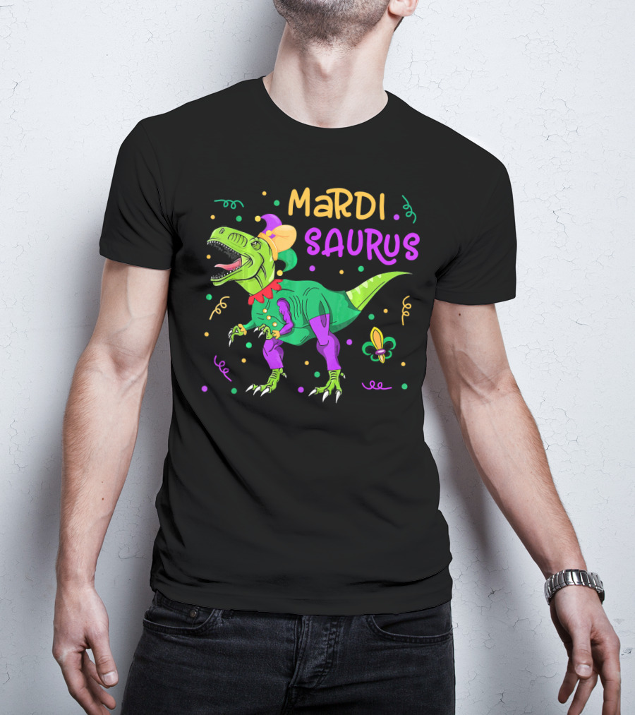 Mardisaurus Rex Dinosaur Mardi Gras Beads Jester Hat Fleur-de-Lis T-Shirt