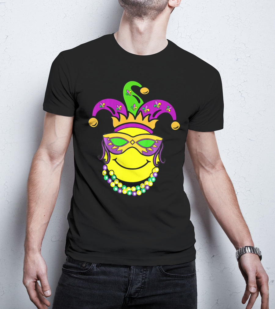 Mardi Gras Emoji Jester Mask Fleur-de-Lis Beads Funny Mardi Gras Lover T-Shirt