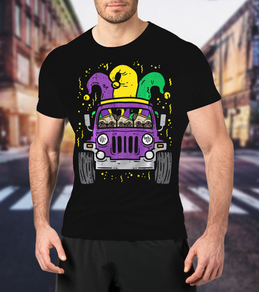 Mardi Gras Jester Pug Dogs In Purple Car T-Shirt