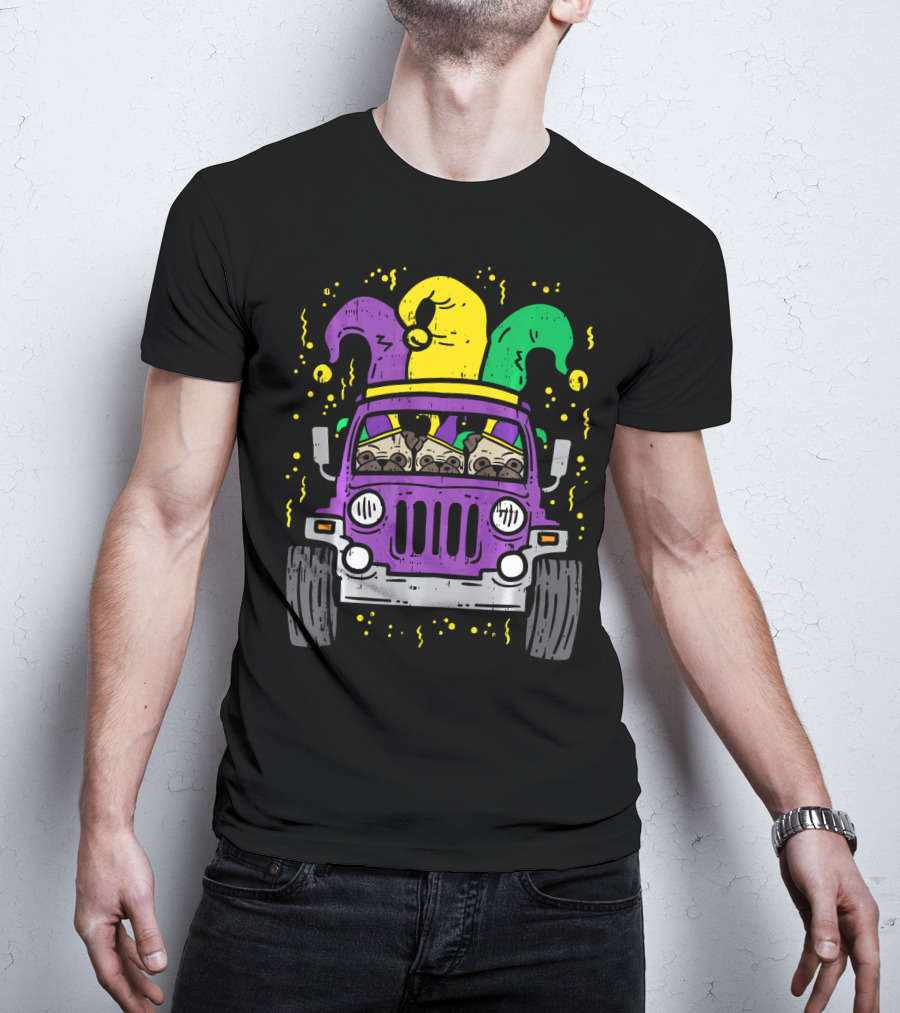 Mardi Gras Jester Pug Dogs In Purple Car T-Shirt