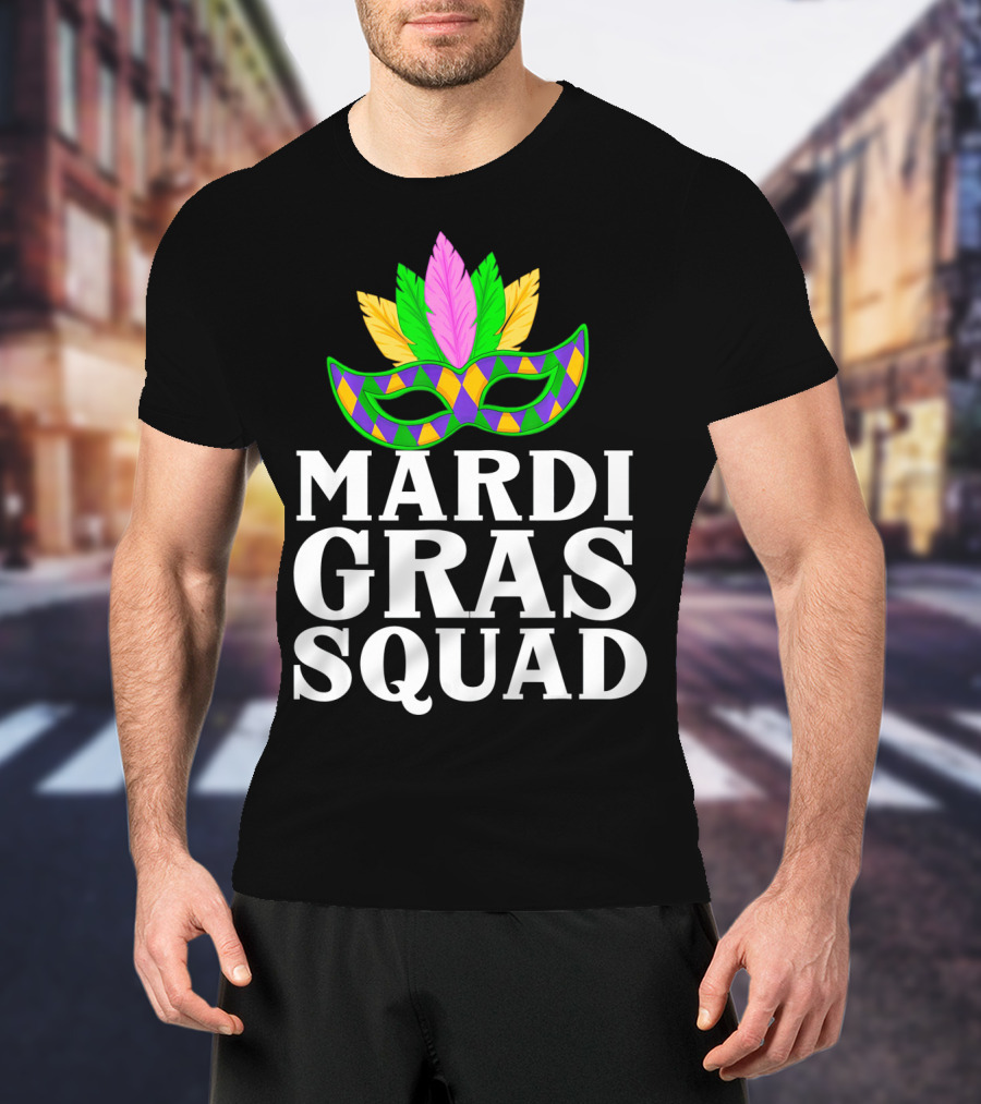 Mardi Gras Squad Colorful Mask And Feathers T-Shirt