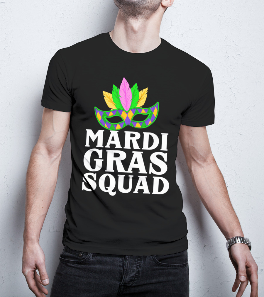 Mardi Gras Squad Colorful Mask And Feathers T-Shirt