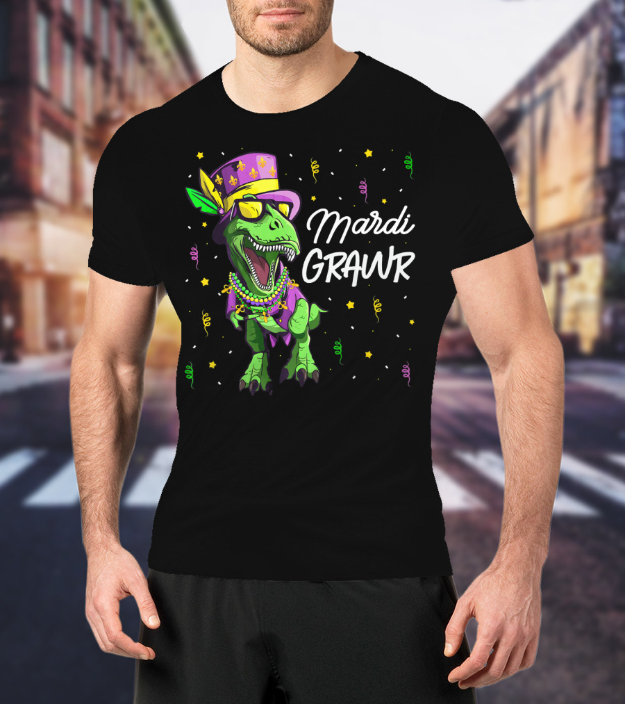 Mardi Grawr T-Rex Dinosaur Mardi Gras Beads And Hat T-Shirt