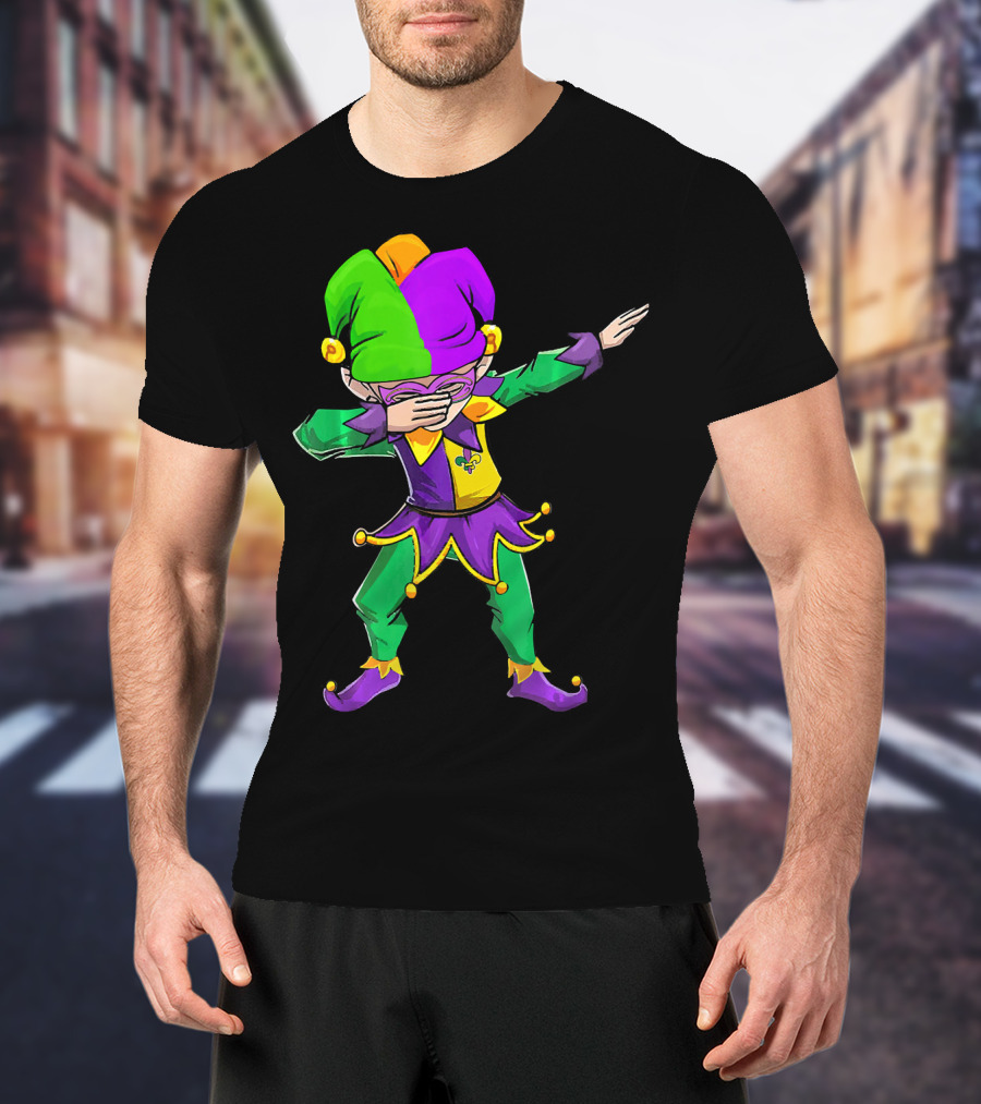 Mardi Gras Funny Dabbing Jester In Purple Green And Gold T-Shirt