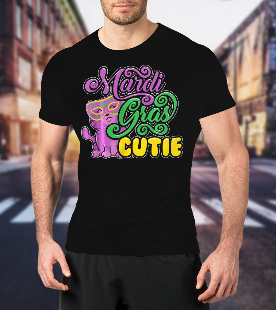 Mardi Gras Cutie Girls Parade Cute Novel Cat With Mask T-Shirt