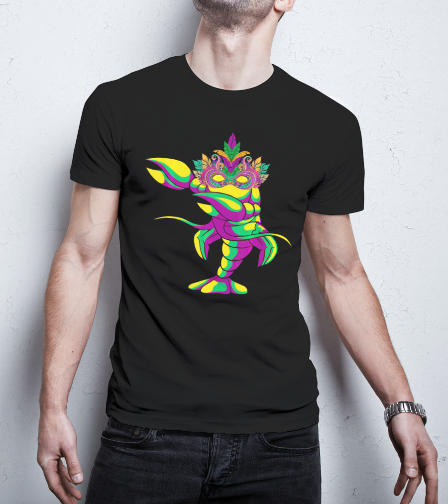 Dabbing Crawfish With Colorful Mardi Gras Mask And Feathers T-Shirt