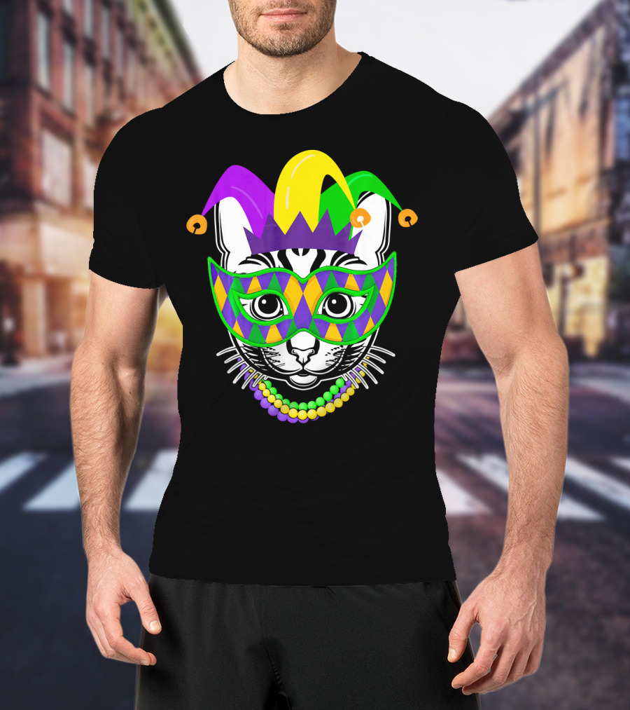 Mardi Gras Cat Jester Mask Beads Kitty Lovers T-Shirt