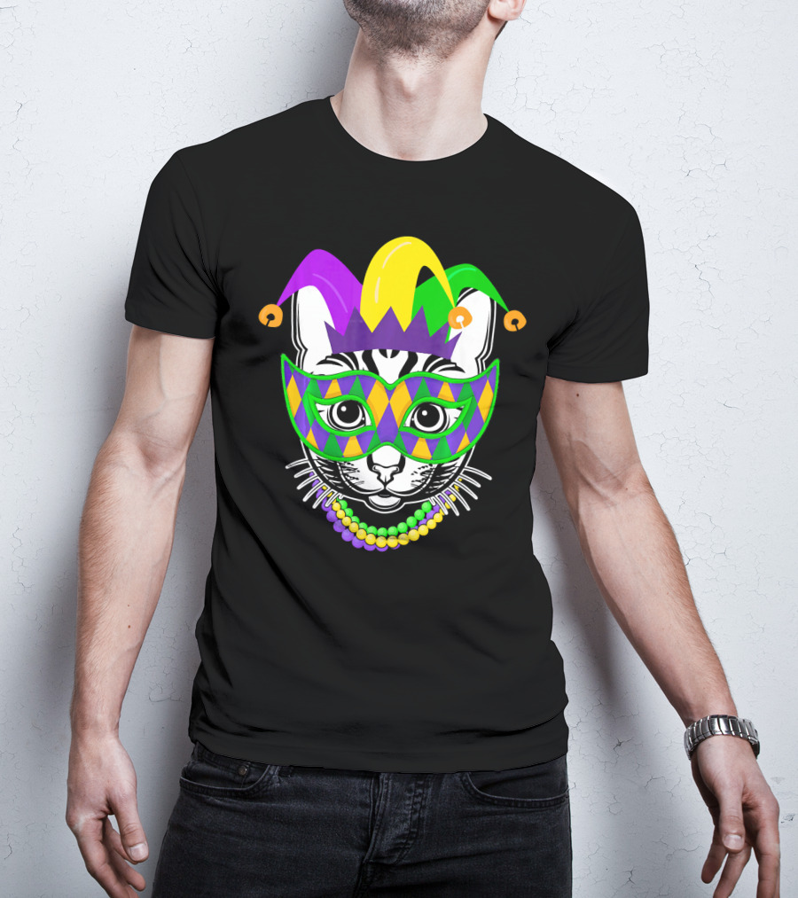 Mardi Gras Cat Jester Mask Beads Kitty Lovers T-Shirt