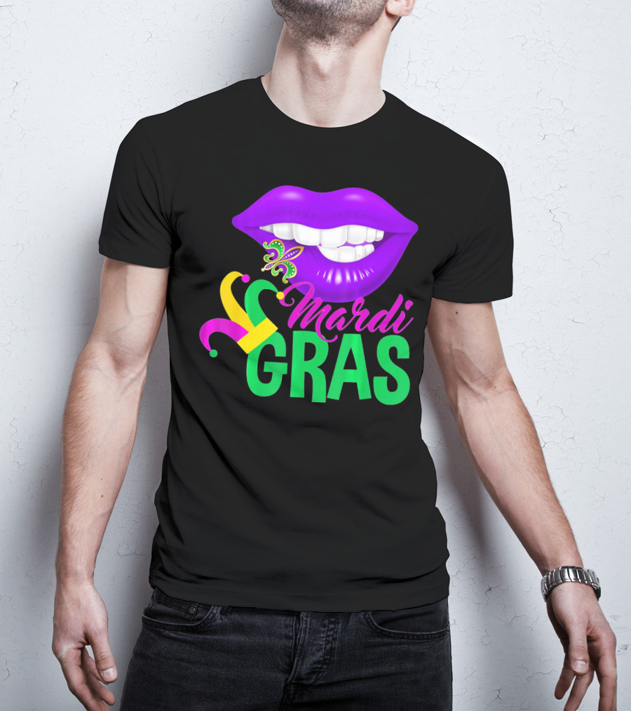Mardi Gras Lips With Jester Hat And Fleur-de-Lis T-Shirt
