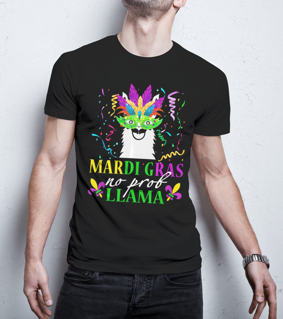 Mardi Gras No Prob Llama Colorful Celebration Mask And Confetti T-Shirt