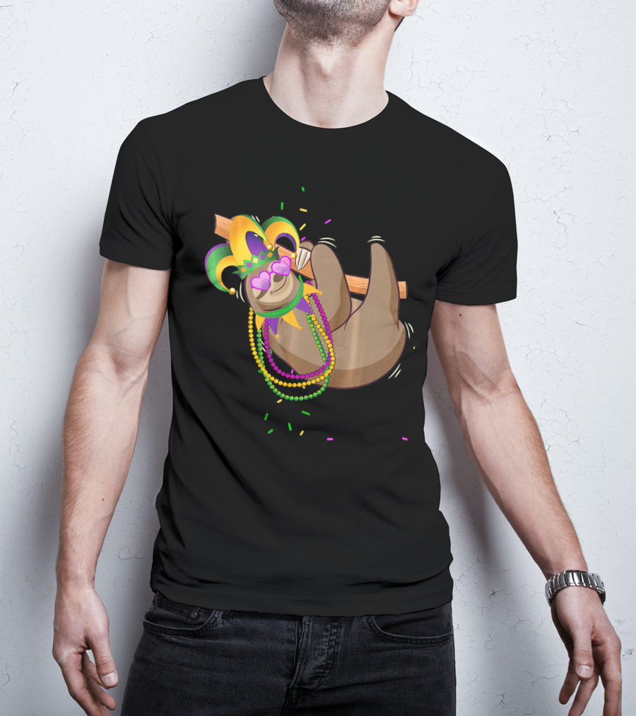 Mardi Gras Sloth Wearing Colorful Beads And Jester Mask T-Shirt