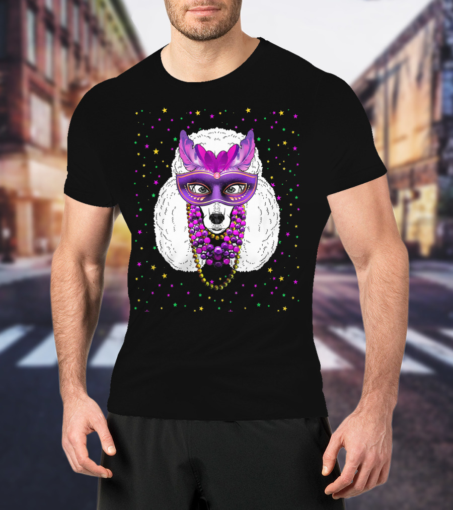 Mardi Gras Poodle With Funny Beads And Masquerade Mask T-Shirt