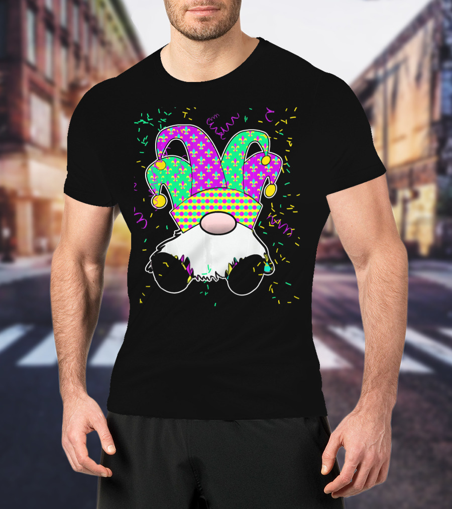 Cute Mardi Gras Gnome Jester Hat Fleur De Lis Fun Confetti T-Shirt
