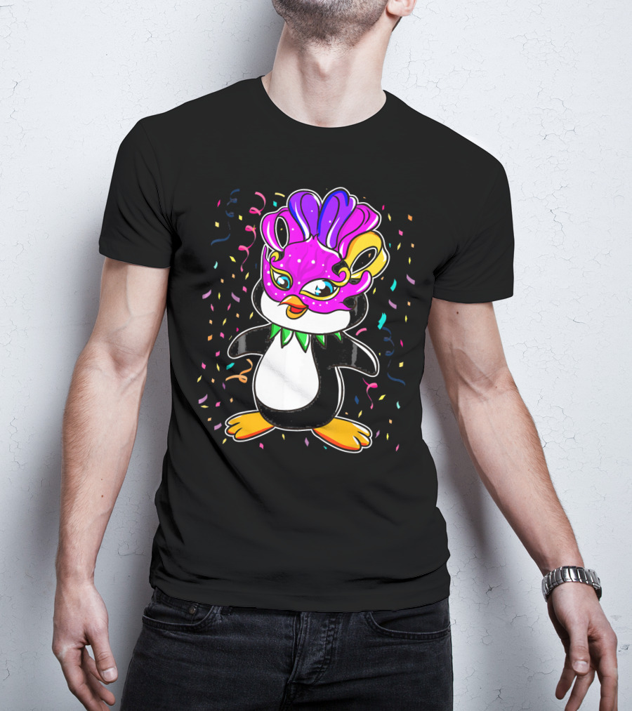 Penguin Mardi Gras Lover Funny Masquerade Festive Confetti T-Shirt
