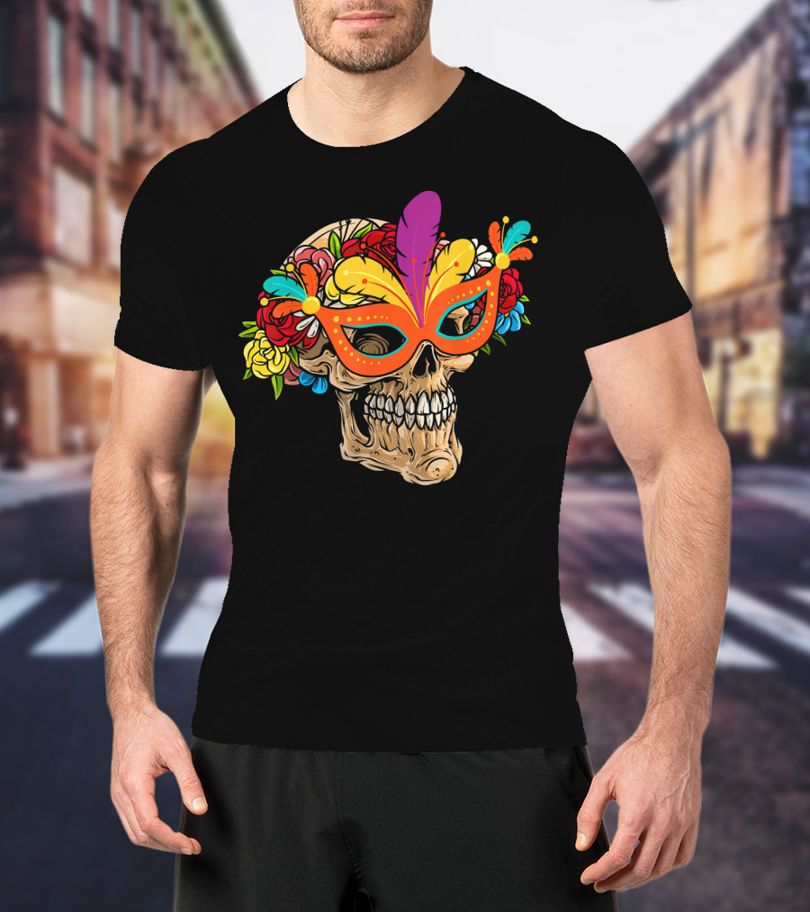 Mardi Gras Skull Mask With Colorful Floral Jester Hat T-Shirt