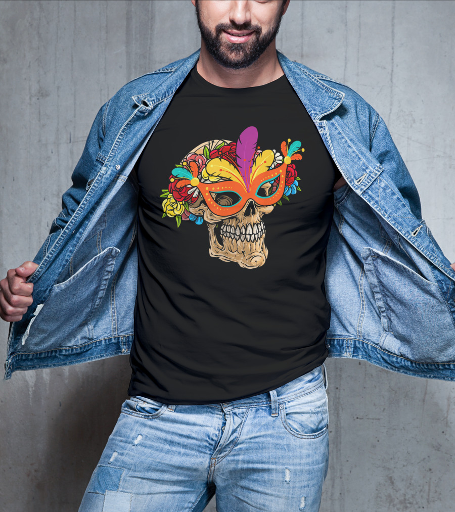Mardi Gras Skull Mask With Colorful Floral Jester Hat T-Shirt