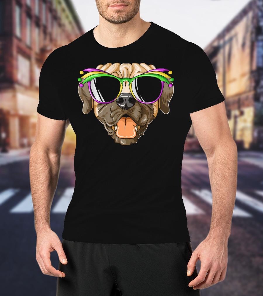 Mardi Gras Carnival Mask Mastiff Sunglasses Fun T-Shirt