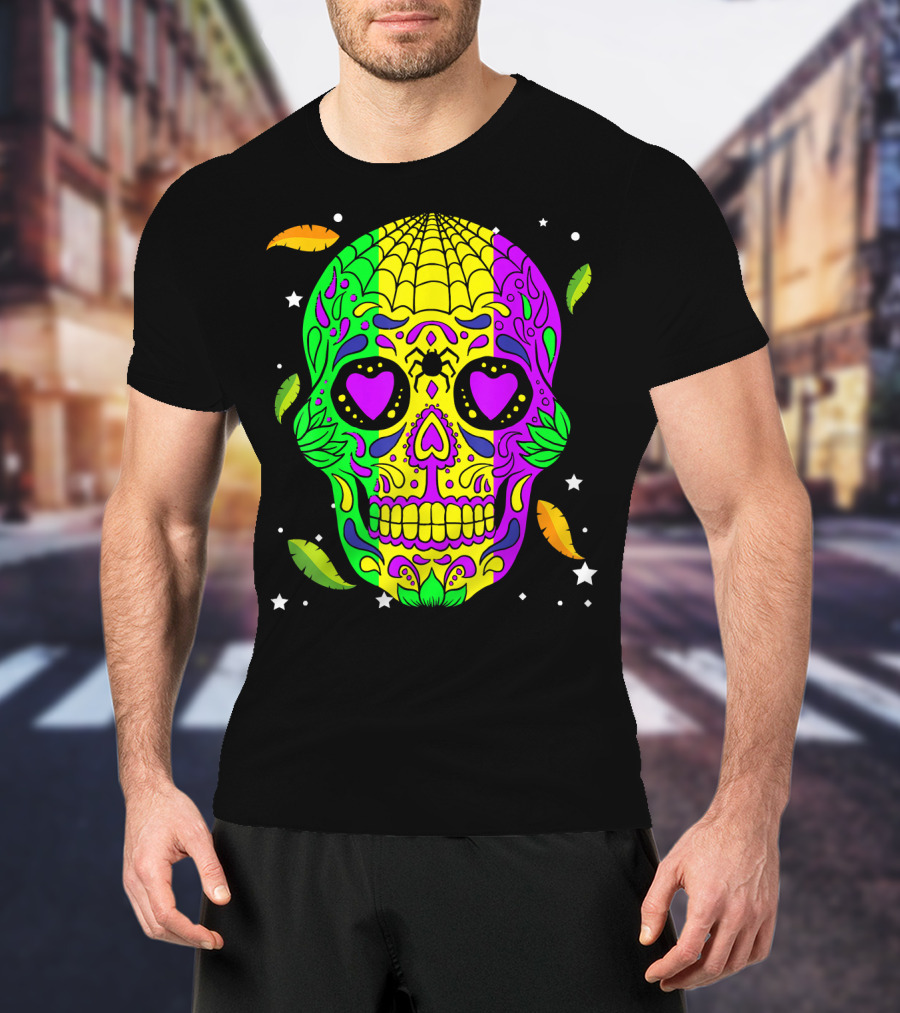 Mardi Gras Skull Jester Hat Colorful Feather T-Shirt