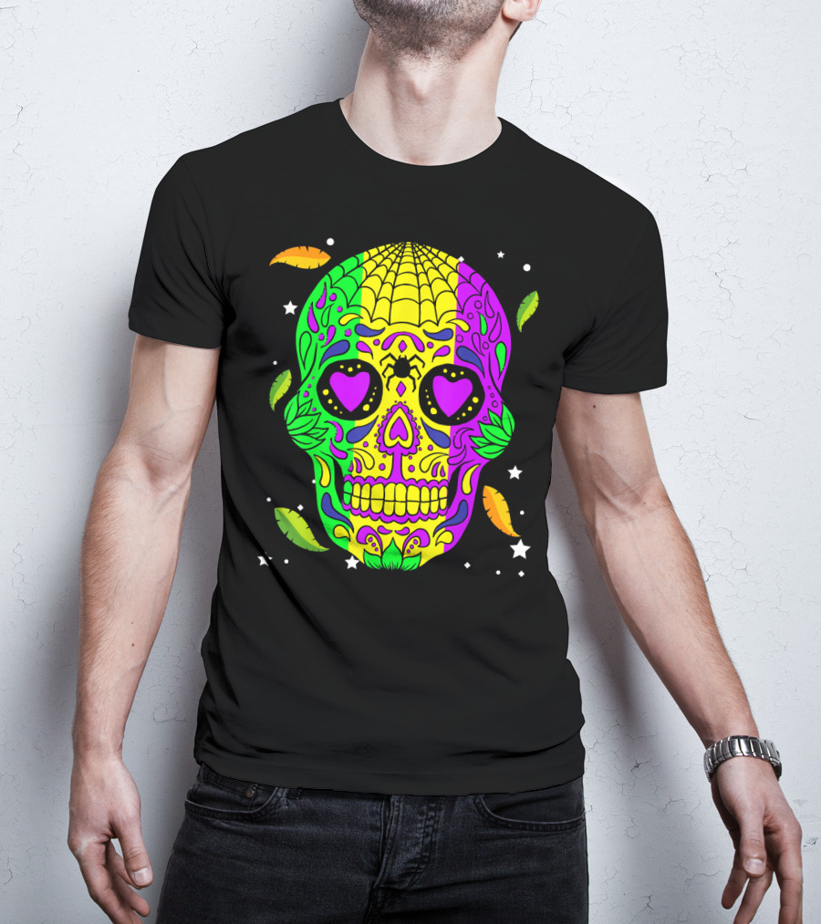 Mardi Gras Skull Jester Hat Colorful Feather T-Shirt