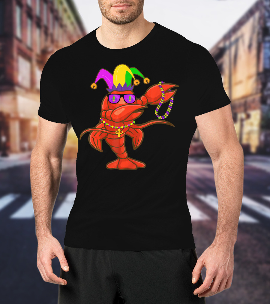 Jester Hat Crawfish Dabbing With Mardi Gras Beads Party T-Shirt