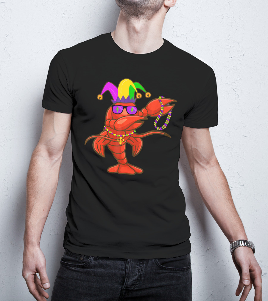 Jester Hat Crawfish Dabbing With Mardi Gras Beads Party T-Shirt